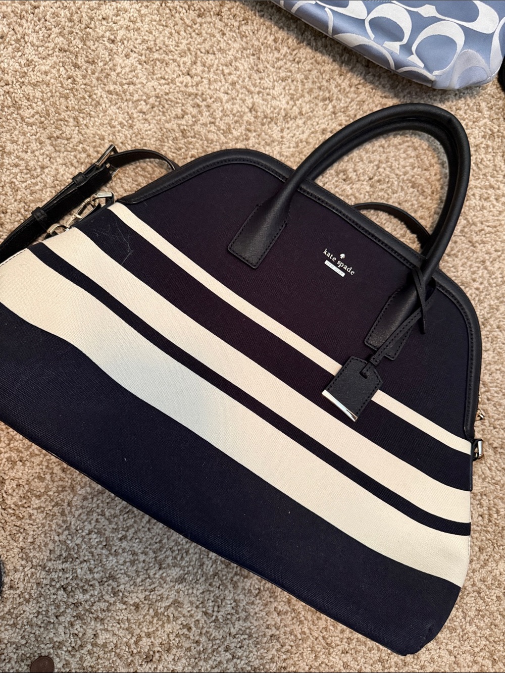 kate spade navy and cream striped dome satchel with black handles